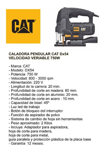 Imagen 2 de 7 de Sierra Caladora Pendular Cat Dx54 750w Velocidad Variable
