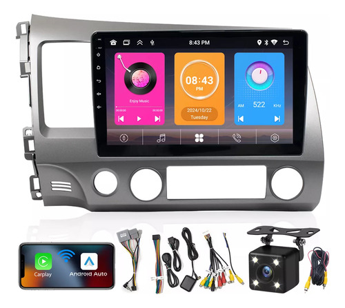 Gearelec Autoestéreo Pantalla Carplay Android Auto 2+32g Carplay Wifi Fm Gps Para Honda Civic 2006-2011 Con Cámara Arnés Rca Usb Admite Subwoofer Y Amplificador