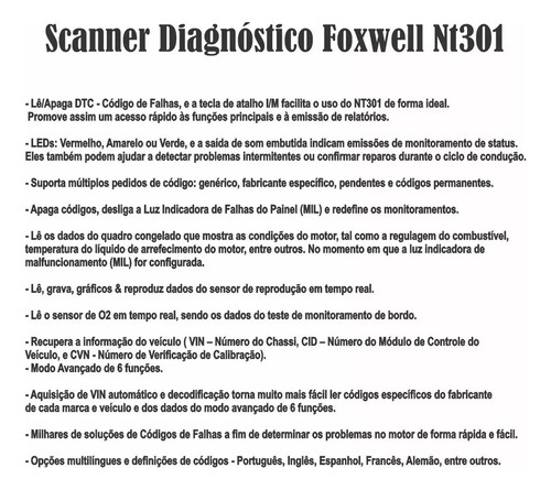 Scanner Automotivo Foxwell Nt301 Obd2 Leitor De Falhas Carro