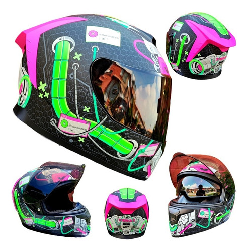 Casco Para Moto Negro Rosa Verde Error Neon Kov Certificado