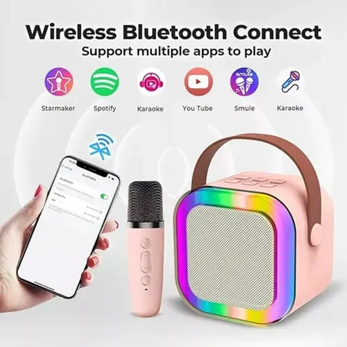 Parlante Led Con Microfono Inalambrico Bluetooth Karaoke Rosa