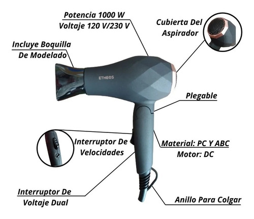 Imagen 4 de 7 de Secador Pelo Plegable De Viaje 1000w 2vel Boquilla 110v 220v