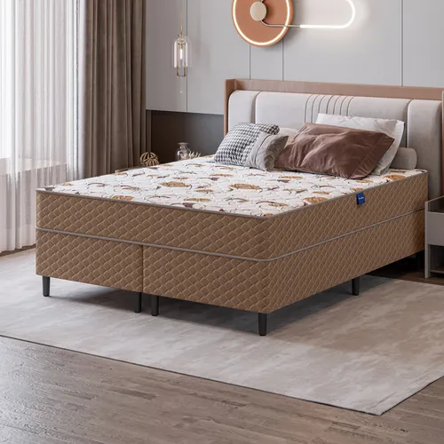 Cama Box Queen Marrom E Colchão Queen Espuma D33 Extra Firme Eliana 158x198x62 Umaflex