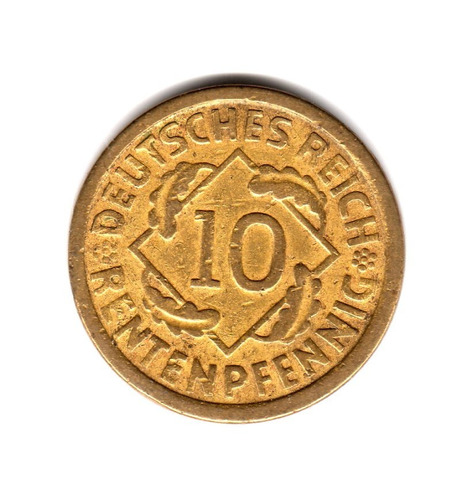 Alemania Weimar Moneda 10 Rentenpfennig Año 1924 F Km#33