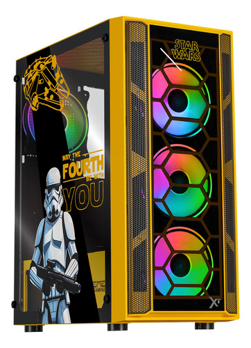 Gabinete Gamer Xtreme Pc Gaming Starwars Comic Edition Media Torre Atx 4 Fan Argb Cristal Templado Amarillo
