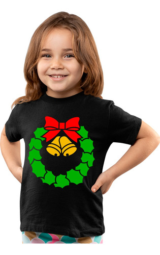 Playera Negra Infantil Corona Navideña Girnalda Campanas 