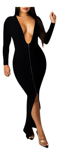 Vestido Em V Feminino Com Zíper Na Frente E Nas Costas, Mang
