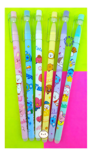 6 Plumas Kawaii Bt21 Tinta Negra Borrable + 2 Repuestos Color De La Tinta Negro Color Del Exterior Blanco, Amarillo, Rosa, Verde, Azul