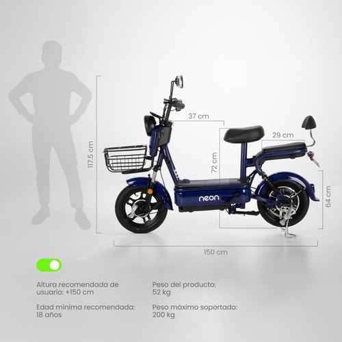 Bicicleta Eléctrica Neon EX-1R 350w acero 150kg canastilla 50km color azul oscuro
