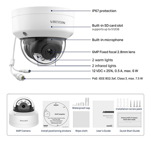 Vikylin Cámara Domo Ip Poe De 6 Mp Con Luz Dual, Visión Noct