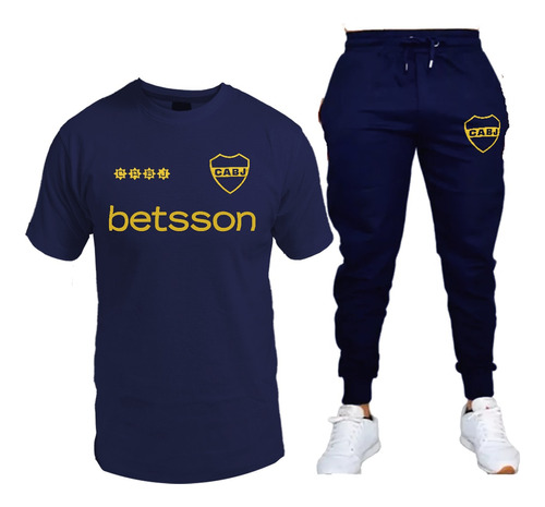 Conjunto Remera Y Pantalon Jogging De Boca Escudo Dorado 04