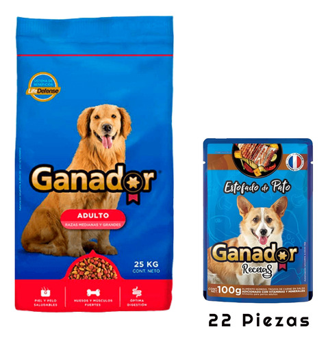 Ganador Adulto 25 Kg + Sobre Estofado Pato 100 G (22 Pzas)