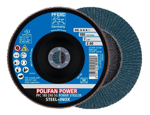 10PZ disco laminado Polifan PFERD 7'' Z40 Sg Power Steelox Verde