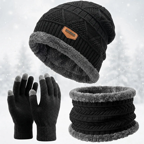 Kit Touca Térmica Gorro Cachecol E Luva Touch Lã Pelinho Unissex Frio Cor Preto Unclosed
