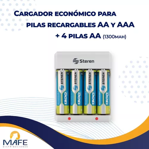 Cargador de pilas Steren AA, AAA y 9V con 4 pilas AA