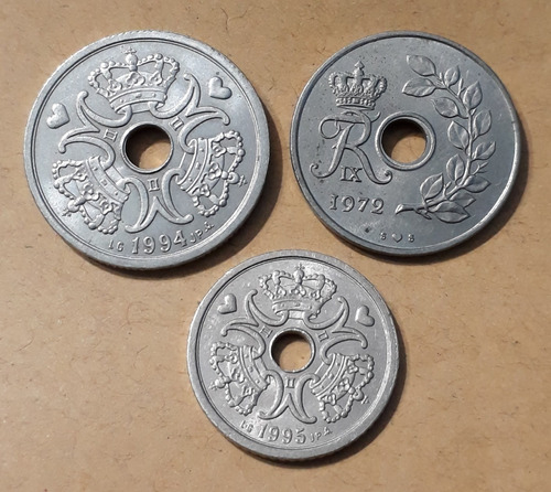Dinamarca X 3 Monedas, 1 Y 2 Kroner 1994. 25 Ore 1972.