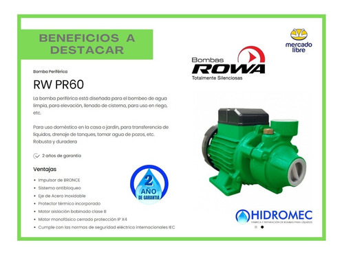 Imagen 3 de 7 de Bomba Periférica Rowa Pr 60 De 1/2 Hp Monofásico Eleva 33mts