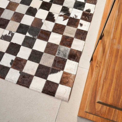 Alfombra Patchwork De Cuero Vacuno, Modelo Mix 1,50 X 2,10 M Color Negro Diseño De La Tela Cuadros