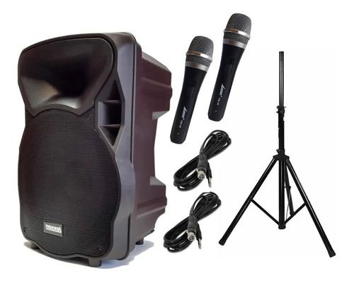 Parlante Karaoke Bluetooth 15 + Tripode Acero + 2 Microfonos Color Negro