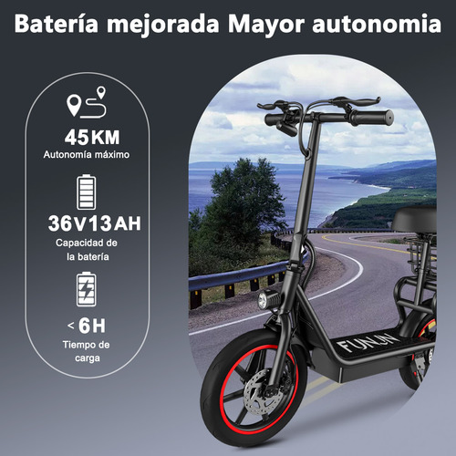Funjn e11 Scooter Eléctrico Plegable Con Asiento 32km/h-velocidad 45km-autonomía Max Batería 13ah Motor Color Negro Con Rojo Funjn Patin Electrico
