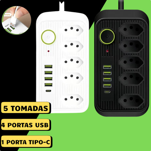 Extensão Filtro De Linha 5 Tomadas Segurança Tipo C 4 Usb Cor Preto