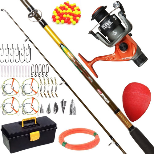 Super Kit Pesca Caja Completa Accesorios + Reel + Caña 2.10 + Plomadas Lineas Anzuelos Boya Mosquetones 