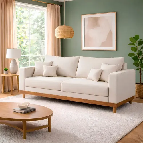 Sofá Living 3 Lugares Suede Resistente Madeira + Almofadas