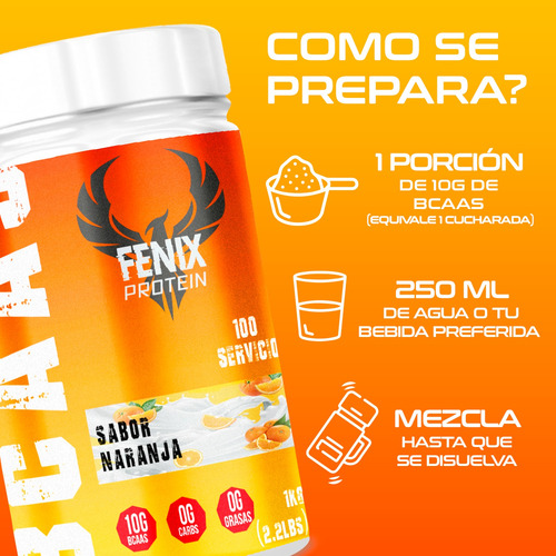 Fenix Protein Bcaas Amino 1kg 100 Servicios Naranja