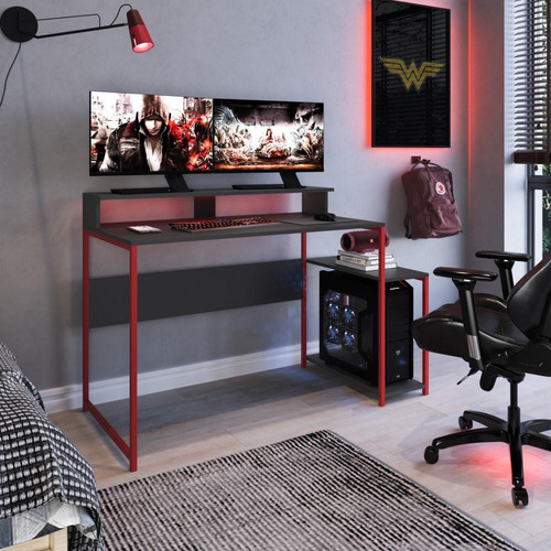 Mesa Gamer Escrivaninha Quarto 3 Prateleiras Cinza Vermelho