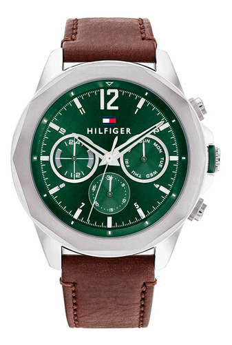 Reloj Tommy Hilfiger Para Hombre De Cuero Cuarzo Color Verde Color De La Malla Marrón Color Del Bisel Plateado