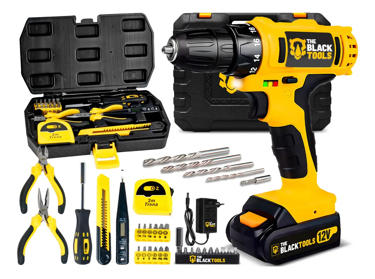 Parafusadeira Furadeira Sem Fio a Bateria 3/8” 10mm TB12E The Black Tools Com Kit Ferramentas 18 Peças