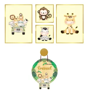 porta maternidade cerquinha safari Kit Quadros E Porta Maternidade Infantil Safari Baby