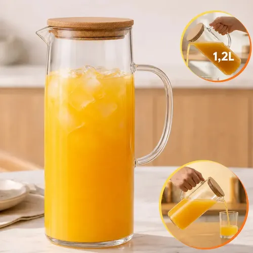 Jarra Vidro Borossilicato 1,2 Litros Tampa Bambu Hermética Agua Suco Transparente Sólar 1,2l Bambu