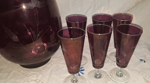 Antiguo Juego Ponchera Coctelera Y 6 Copas Cristal Bordeux (Usado)