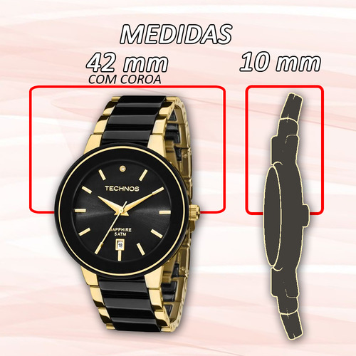 Relógio Technos Ceramic Sapphire Feminino 2115krs 4p Preto/dourado Preto Preto