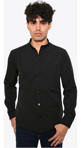 Camisa Antiarrugas Cuello Mao Negra M.l Premium Moller