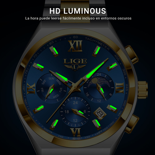 Reloj Pulsera Relojes Hombre Impermeable Acero Inoxidable Correa Plateado/Dorado Bisel Dorado Fondo Azul