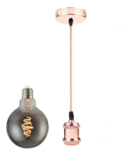 Pendente E27 Cobre Rose E Lâmpada Filamento Led 5w G125 Fumê