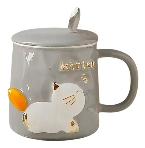 Set De Taza Ceramica C/cucharita Y Tapa Gatito Cat Paw Enjoy Gris Cola Amarilla