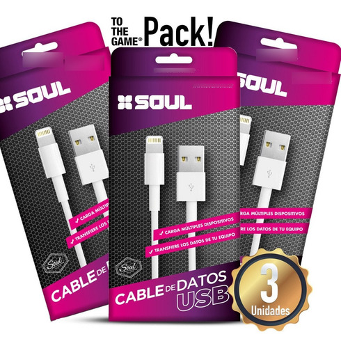Imagen 2 de 3 de Pack X3 Cable Usb Largo 2m Para iPhone 5 6 7 8 Plus X Xr Xs