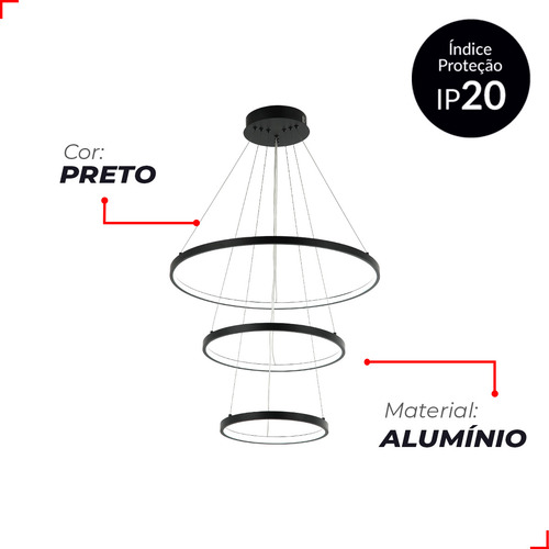 Luminaria Pendente Led Alice 60w Com Seleção de temperatura Quente/Neutro/Frio Preto Cod: 589188070 Avant