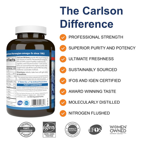 Suplemento Carlson Cod Liver Oil Gems 150 + 30 Cápsulas Gela