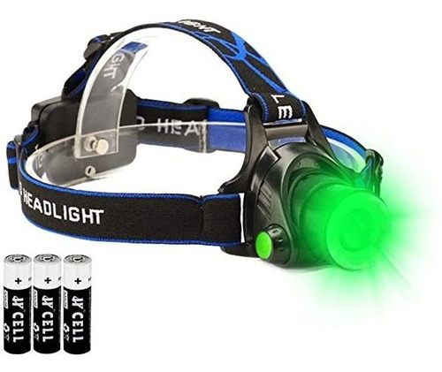 Linterna Frontal Led Verde Resistente Al Agua, Con Zoom Y 3