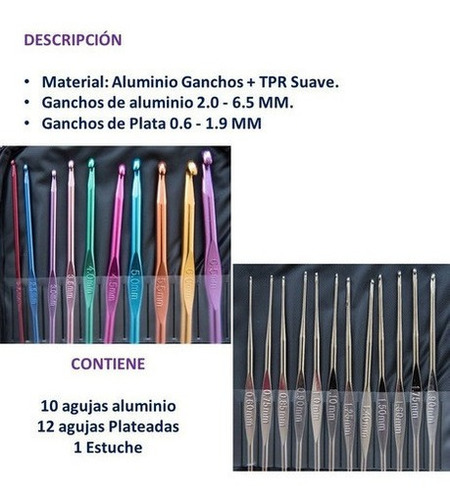 Agujas Crochet Kit 22 Agujas Metálicas Aluminio