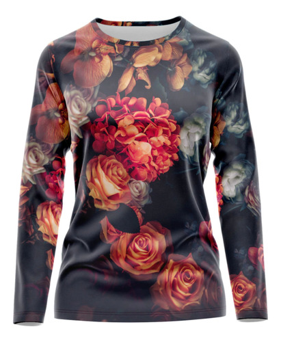 Remera Manga Larga Dama Fondo Oscuro, Flores Rosadas Mod 5 