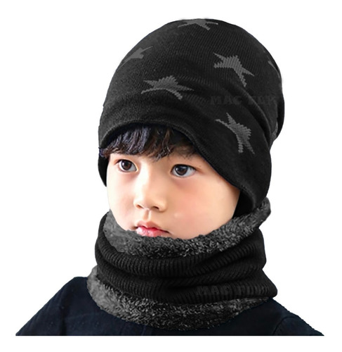 Gorro Caído Estrellas + Cuello Niños Lana Invierno Corderito