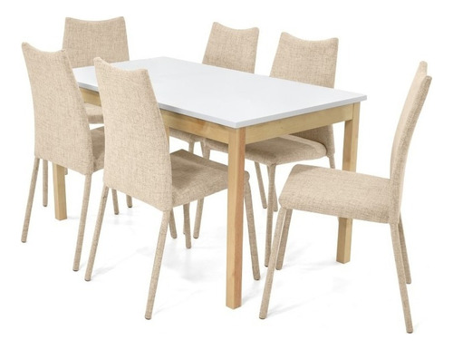 Set Comedor Teba Madera Con 6 Sillas Palermo Color Beige Diseño De La Tela De Las Sillas Poliéster