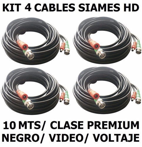 Kit 4 Cables Cctv Cámara Siames Coaxial 10m Video Voltaje