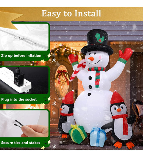 Inflable Navidad 180cm Muñeco Nieve Con Pinguinos Luces Led