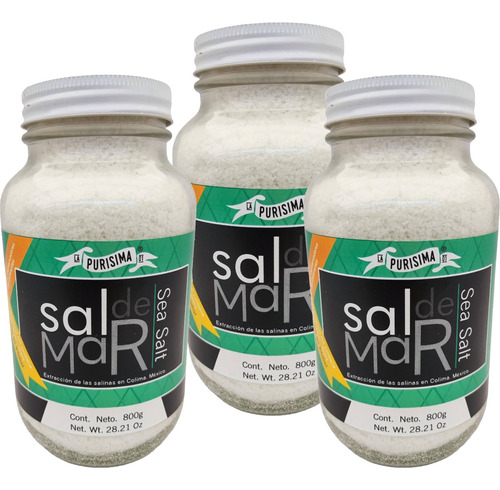 3 Frascos Sal De Mar Orgánica 100% Natural Con 800 Gm